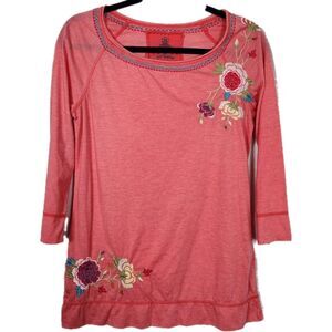 Johnny Was JWLA Coral Pink 3/4 Sleeve Floral Embroidered Boho Casual Top SZ S